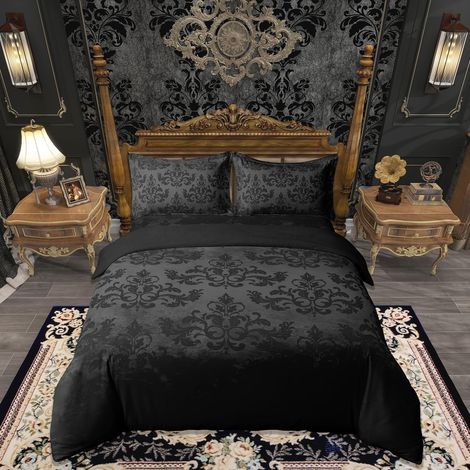 Jacquard Parure de Lit Noir Damass Housse de Couette 220x240cm pour Enfants Garçons Filles Adolescents Chambre décor Abstrait Housse de Couette Noir Literie Set 3pcs (1/5)