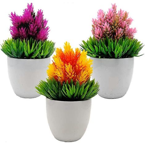 Lot de 3 plantes artificielles en pot, fleurs et gazon vert en plastique, mini fausses plantes avec pots blancs (1/5)