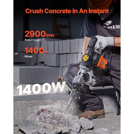 Marteau de Démolition 1400 W Marteau-Piqueur 19 J 2900 BPM Marteau Perforateur avec 2 Burins Remplaçables Poignée Rotative 360° Anti-Vibration Brise-Béton pour Burinage Construction Plomberie (1/5)