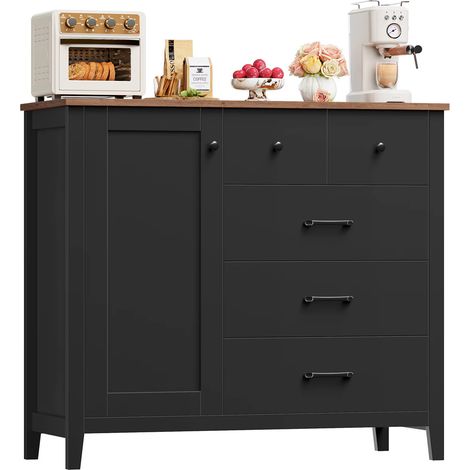 Sideboard 100×94×40 cm Küchenschrank 5 Schubladen 1 Tür Flur Wohnzimmer Schwarz