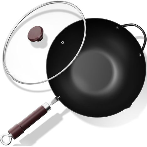 32 cm Carbon Steel Wok with Lid, Wooden and Steel Handles, for Cooking Asian Dishes for 3 to 5 People – Flat Bottom (1/5)