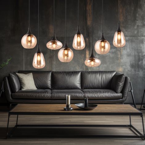 Pendelleuchte Glas 8 flammig Esstischlampe schwarz Hängeleuchte Esszimmer Glas amber, unterschiedliche Lampenschirme, 8x E14, LxH 121x150 cm (1/4)