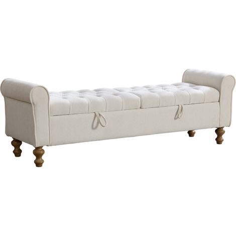 CHICFURN Banco de almacenaje tapizado en tela beige con 2 tapas, asiento auxiliar para salón, recibidor o dormitorio, patas de madera y gran espacio interior (1/5)