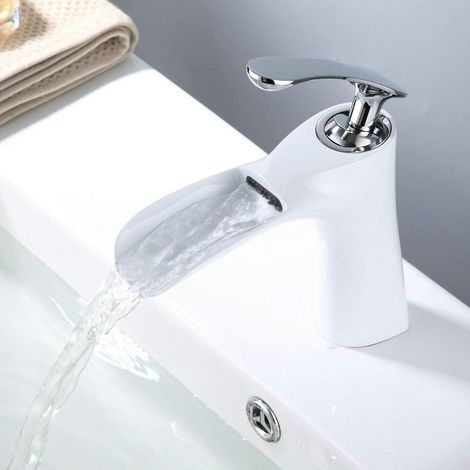 Robinet Lavabo Cascade Robinet Salle de Bains, Blanc, Eau Chaude et Froide Disponible (1/5)