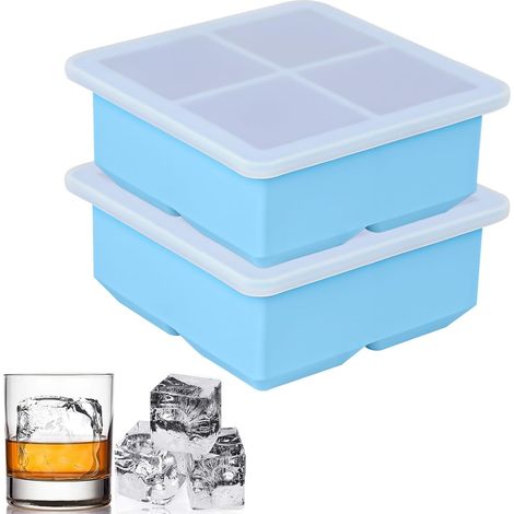 Lot de 2 moules à glaçons extra larges avec couvercle en silicone pour congélateur, 5,1 cm pour whisky, bourbon, cocktails, café, soupe, glaçons Bleu (1/5)