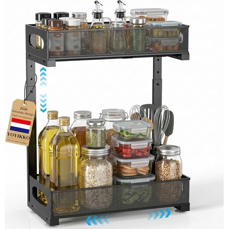 Rangement sous Evier en métal, 2 Niveaux tiroir Coulissant Cuisine,Organisateur Cuisine avec Tiroirs Amovibles, Salle de Bain,Rangement Coulissant sous Évier,Réglable en Hauteur (Noir-62) (1/5)