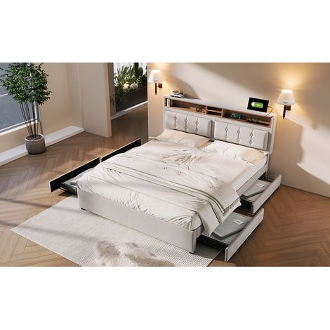 Lit double 160x200 cm avec 4 tiroirs, tête de lit réglable capitonnée, sommier à lattes bois et port usb-c (1/5)