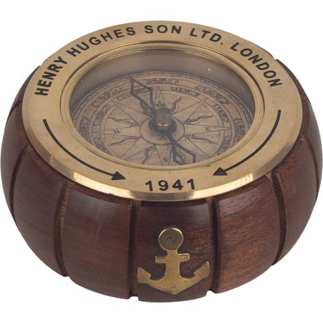 Boussole nautique sur socle en bois marron avec ancre 8 cm (1/5)