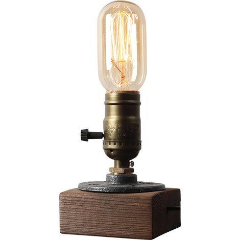 Lampe de table de style industriel steampunk, ampoule E27, socle en bois