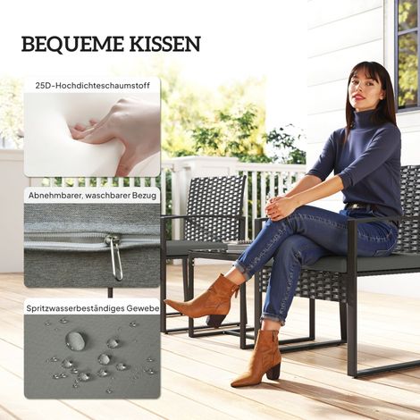 Ensemble Bistro en rotin, 3 pièces mobilier de jardin avec 2 chaises, table basse, coussins amovibles gris foncé (1/5)