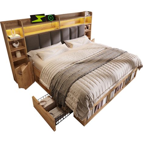 Lit double système 160x200 cm, couleur chêne, tête de lit rembourrée avec éclairage LED, chevets avec ports USB et Type-C, rangements et tiroirs à roulettes, sommier à lattes en bois (sans matelas)
