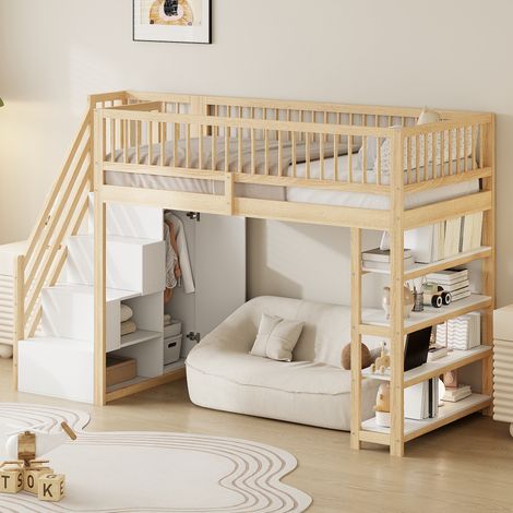 Cama Alta 90×200 cm, Cama Individual con Armario, Estanterías, Espacios de Almacenaje y Escalera Segura, sin Colchón, Madera Natural