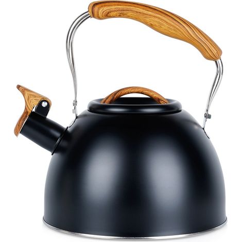 Bollitore nero con fischietto per far bollire l'acqua su fornelli a gas o a induzione. (1/5)