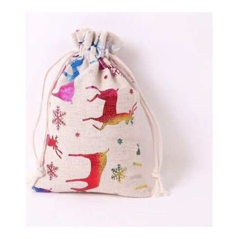 Lot de 10 sacs en lin avec cordon de serrage, motif étoiles, idéal pour Noël, motif flocon de neige et élan, 10 x 14 cm (1/4)