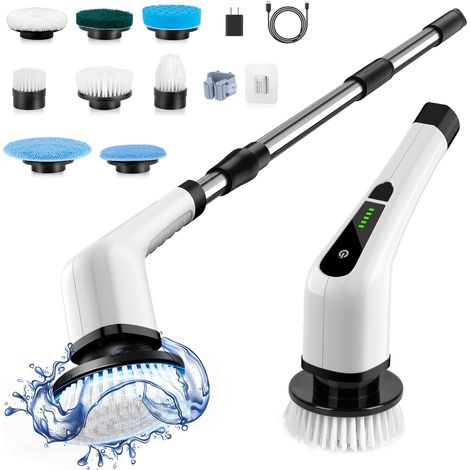 Brosse nettoyante sans fil pour la maison-8 têtes de brosse remplaçables-90 minutes d'autonomie-3 tailles réglables-douchebaignoire, vitrage, voiture-blanc (1/5)