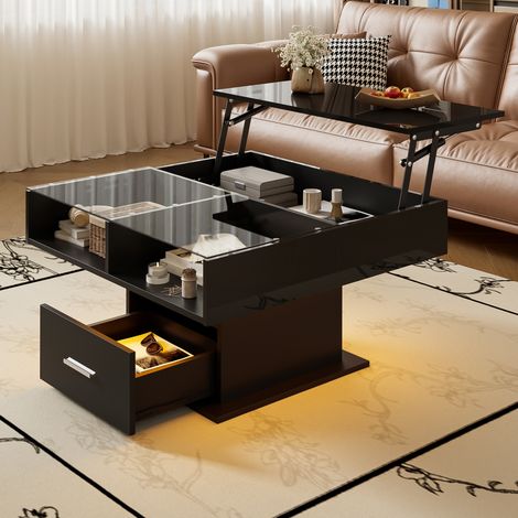 Table basse relevable rectangle LED avec rangement 78x78x45,5-59,5cm,tiroir,table basse connectée,Panneau de particules,noir (1/5)
