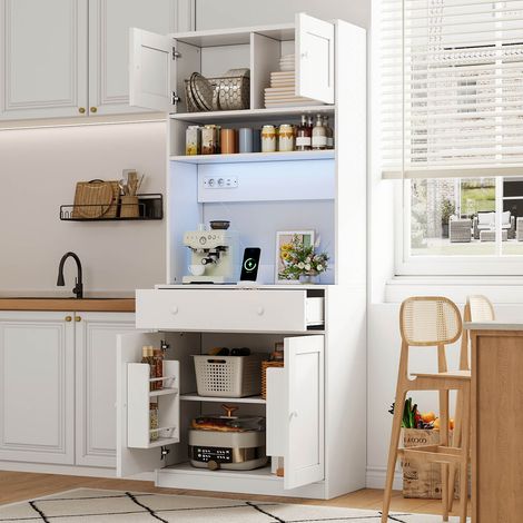 Meuble de cuisine 180 cm avec éclairage LED, prises intégrées, étagères, tiroir, pour cuisine, salon, salle à manger & buanderie (1/5)