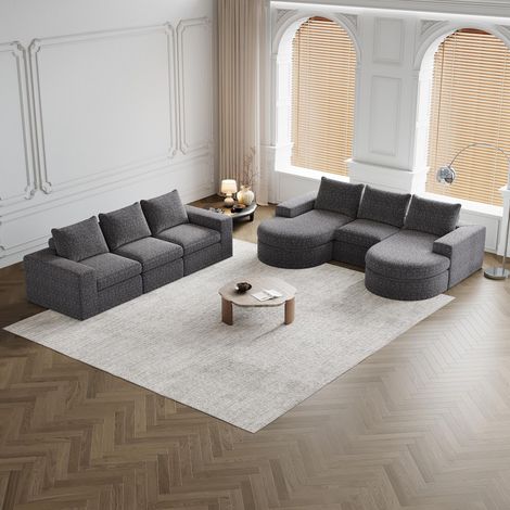 Canapé en chenille avec éléments incurvés et méridienne, entièrement compressé et sans cadre, canapé d'angle modulable avec méridienne, canapé compressé en mousse, ensemble deux pièces