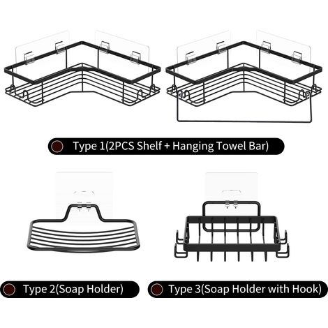 Étagère d'angle de salle de bain, 2 pièces, sans perçage, support de rangement mural, armoires avec porte-serviettes, baignoire, douche, panier organisateur (1/5)