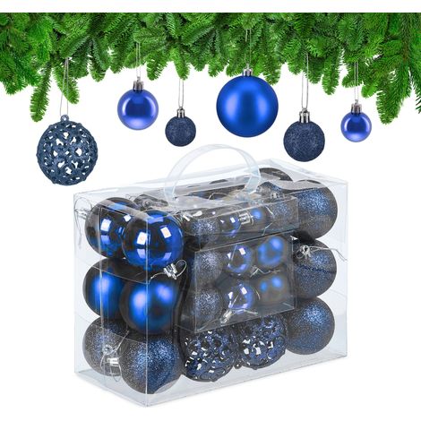Relaxdays Christmas Bauble Set of 50, Glittery, Matt & Shiny Ornaments, Plastic Xmas Tree Balls, Ø: 3, 4 & 6 cm, Blue