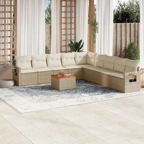 Ensemble Salon Jardin 10 Places Résine Tressée Beige avec Coussins Crème - Mobilier Extérieur Modulaire avec Rangement et Table Acacia (1/3)