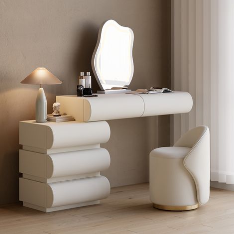 Ensemble de coiffeuse en cuir Humply avec miroir et lumières (1020mm-1350mm)