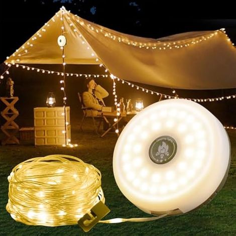 10m Guirlande Lumineuse Camping Rechargeable, 8 Modes d'Éclairage, Range Rapide, Lumière Chaude Portable pour Camping, Fête, Jardin Extérieur
