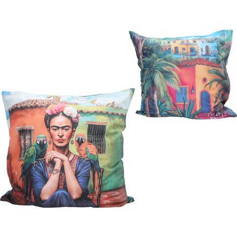 Carmani, ein Kissen mit Füllung und Reißverschluss – ein Motiv, das von den Gemälden von Frida Kahlo inspiriert ist. (1/3)