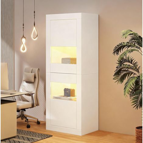 Vitrine en panneaux de particules blancs avec 2 portes acryliques, LED USB, 2 tablettes verre réglables, 61 x 42 x 162 cm (1/5)