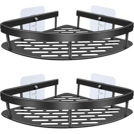 Étagère de douche d'angle pour salle de bain, 2 étagères de douche en acier inoxydable sans perçage, étagère de douche d'angle avec 4 crochets pour ranger shampoing et gel douche (noir) (1/5)