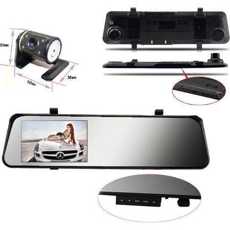 Trade Shop - Specchietto Retrovisore Dvr Telecamera Full Hd 1080p 4.3 "lcd Con Retrocamera -
