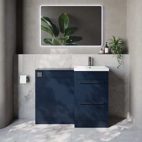 Napoli 390 Cento Deep Blue 1100mm 2 Drawer Vanity Unit Toilet Suite with Glide Basin - 1100mm - Gunmetal Grey 320mm HandleWithout Kingston Toilet Pan