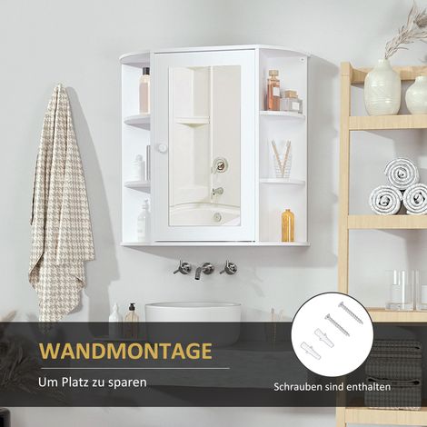 Armoire à miroir pour salle de bain, miroir mural avec 8 compartiments, placard suspendu polyvalent blanc 66x17x63cm, rangement pratique. (1/5)