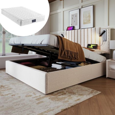 lit adulte double rangement USB 140x200 beige OKMYHOME (1/5)