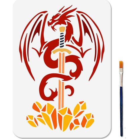 Pochoir Peinture de Dragon Volant Pochoir D'Épée de Dragon 29.7×21cm avec Pinceau Modèle Réutilisable D'Animal de Pierre pour Fenêtre en Bois Album Photo de Bricolage (1/5)