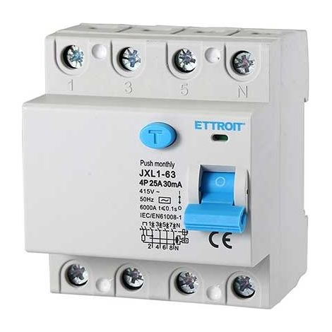 ETTROIT Interruttore Differenziale Puro 4P 25A 6kA 30mA 380V Salvavita 4 Moduli DIN JX342561 (1/3)