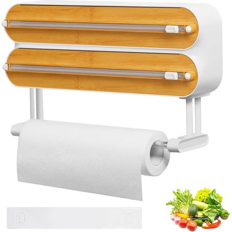 1 Dérouleur Film Alimentaire Magnétique, Support 3 En 1, Coupe Intégré, ABS Couleur Bois, Pour Tiroir Cuisine (1/5)