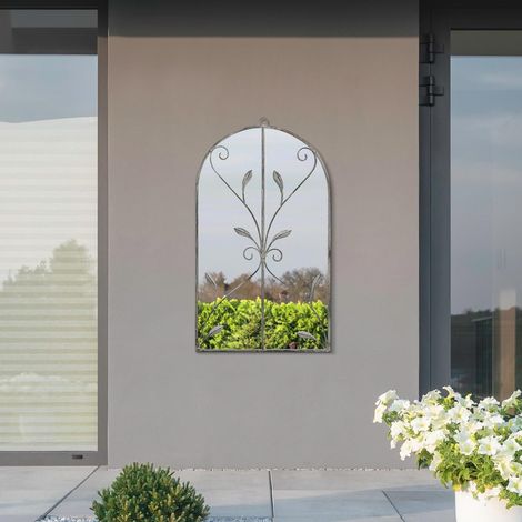 Miroir Mural de Jardin arqué Moderne encadré Couleur béton 78,7 x 45,7 cm (80 cm x 46 cm) Miroir argenté avec Dos Noir résistant aux intempéries (1/5)
