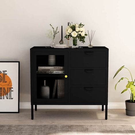 Buffet - Armoire de rangement Enfilade Noir 75x35x70 cm Acier et verre trempé BV953426 - BonneVie (1/5)