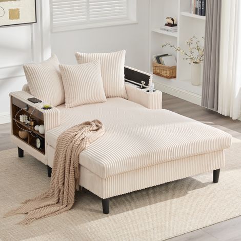 Multifunktions-Chaiselongue 129 x 170 x 70 cm mit LED, USB und Stauraum, beige HAVRYA (1/5)