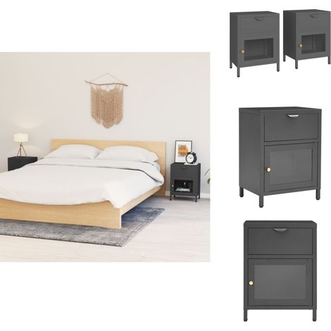 Nachttische 2 Stk. Anthrazit 40x30x54,5 cm Stahl und Glas - Nachttisch - Schreibtischlampe - Wohnzimmer Deko - Sideboard - Bettgestell (1/5)