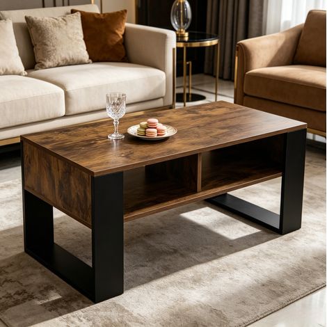 Table basse 90x45x45 cm en bois brun, avec rangement, moderne pour salon FloraGrace (1/5)