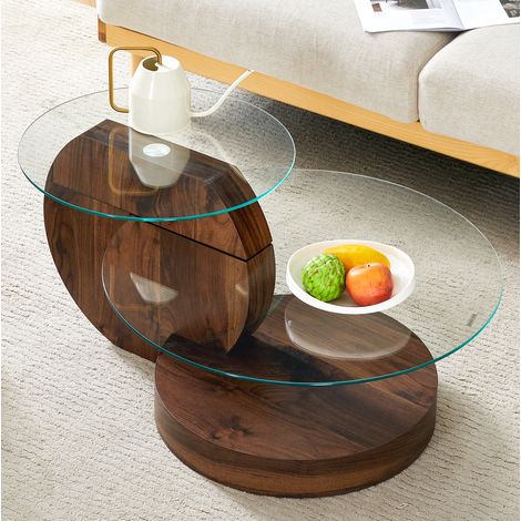 Table basse 90x70x44 cm transparente et décor noyer, rangement multicouche, verre trempé MDF MEUBLIV (1/5)