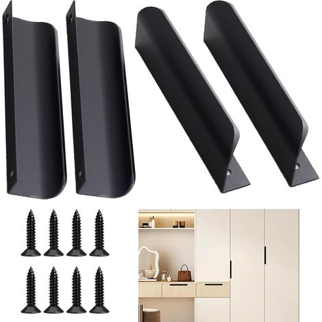 4 Pièces Poignee de Meuble Cuisine Invisible, 120mm Poignées de Meubles en Alliage d'Aluminium, Poignée de Tiroir, Poignet de Porte, pour Armoire, Placards, Commodes, Distance du Trou-96mm, Noir