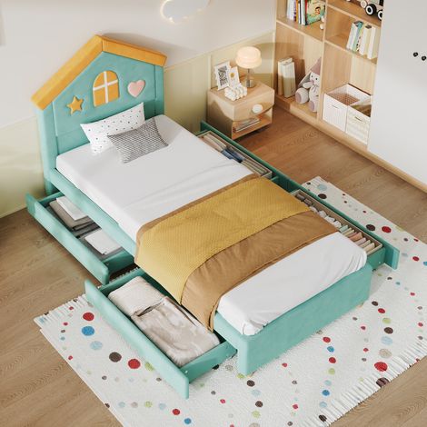 Lit enfant 90x200 cm rembourré en velours bleu-vert, tête de lit maison, 4 tiroirs de rangement, couchage confortable pour chambre d’enfant et adolescent – CHICFURN (1/5)