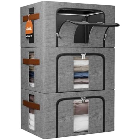 Aufbewahrungsbox kleidung Faltbar Metallrahmen: Stapelbare Aufbewahrungstasche mit Deckel für Kleiderschrank Organizer Storage Pullover Saisonkleidung Bettwäsche (Grau 3x66L)
