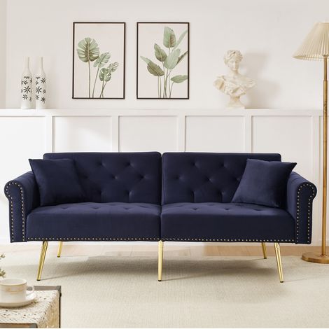 Canapé convertible 2 places velours bleu nuit 147x85 OKMYHOME (1/5)