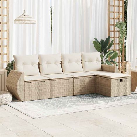 5-tlg. Garten-Sofagarnitur mit Kissen Beige Poly Rattan (1/5)