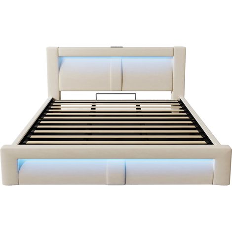 HOMVRA Polsterbett 180x200 cm Samt Beige mit LED, USB- und USB-C-Anschlüssen (1/5)