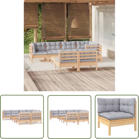 The Living Store 8-tlg. Garten-Lounge-Set mit Grauen Kissen Kiefer Massivholz - Garten Lounge Set - Outdoor Möbel - Rattan Gartenmöbel - Kiefernholzmöbel - Loungesessel (1/5)